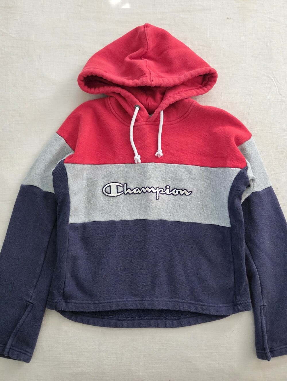 Champion Colorblock Hoodie in Red, Gray & Navy Womens Small Sweater